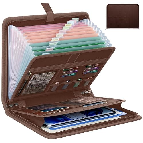 Fireproof Accordion File Organizer, Portable Expanding File Folder with Waterproof Zipper&Labels, Brown Document Organizer with 13 Pockets, File Organizer for Important Document/Paper Storage - Image 1