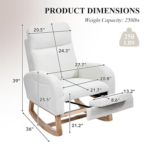 NIOIIKIT Oversized Nursery Rocking Chair, Teddy Upholstered Glider Chair with Footrest, Large Glider Rocker with Side Pocket, Rocking Accent Chair, Glider Recliner for Living Room (White Teddy) thumbnail 2