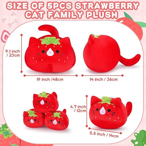 5 PCS Strawberry Cat Plush Stuffed Animal Family-19" Soft Strawberry Cat Plush, Large Mommy Plushies with 4 Baby Kittens Plushies, Kawaii Plushie Toy Christmas Birthday Gifts for Kids Boys thumbnail 3
