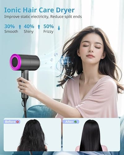 SHRATE Professional Ionic Hair Dryer with Diffuser & Nozzle | Low Noise | Compact Blow Dryer for Curly, Frizzy & All Hair Types | Gentle for Sensitive Hair | Design for Home, Travel, Women & Men thumbnail 5