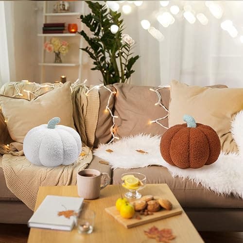 Kajaia 2 Pcs 3D Pumpkin Pillow Fall Decor Cushions,White, Brown | 11 x 9.5 Inch Stuffed Fall Throw Pillows, Room & Bedroom Home Decor for Fall Halloween Thanksgiving Sofa Couch thumbnail 7