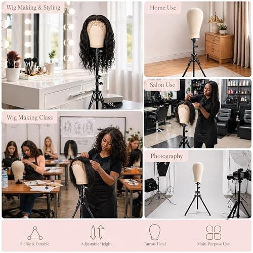 Demides 22" Canvas Wig Head Set with 61" Adjustable Tripod Stand | Durable canvas head,compatible with wig stands and clamps,ideal for wig making,customization,styling,training and display thumbnail 6