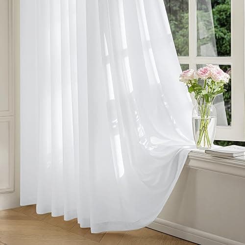 FMFUNCTEX Sheer Non-See-Through White Curtains for Bedroom, Faux Silk that Let Light Curtains 84 inches Long Light Filtering Privacy Sheer Window Drapes for Living Room, Rod Pocket 2 Panels Set - Image 1