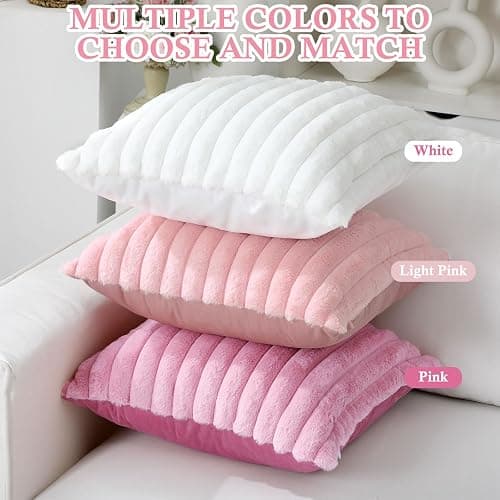 Mixweer 6 Pcs Back to School Faux Fur Plush Throw Pillow Covers 18x18 Inch | Pastel Fluffy Decorative Striped Pillow Covers with Velvet Back for Sleepover Slumber Party Tent, Sofa, Classroom Home Decor thumbnail 3