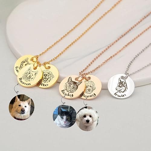 Anavia Personalized Pet Portrait Necklace, Handmade Memorial Jewelry Gift, Custom Round Disc Photo Engraved Necklace for Animal Lovers, Dog Mom, Dog Dad thumbnail 2