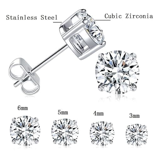 MDFUN Titanium Stud Earrings Set Hypoallergenic Cubic Zirconia Round Surgical Stainless Steel 4 Prong Stud Earring Jewelry for Women Men 3-8mm thumbnail 4