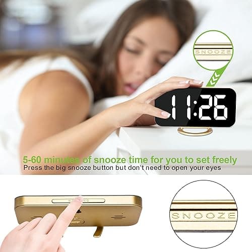 SZELAM Digital Alarm Clock,LED and Mirror Desk Clock Large Display,with Dual USB Charger Ports,3 Levels Brightness,12/24H,Modern Electronic Clock for Bedroom Home Living Room Office - Gold - Gold thumbnail 5