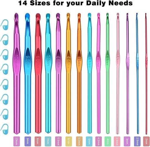 OWill Set 24 pezzi Di Uncinetti, con custodia, in Alluminio, 14 Pezzi Ergonomici con 10 pennarelli,2-10mm Extra Lunghe Knit Needles per principianti adulti thumbnail 2