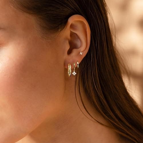 Voduim Earring Stacks for Women,Dainty 14k Gold Plated Chain Earrings Set Hypoallergenic Cute Small Huggie Hoop Earrings for Women Trendy Fashion Dangle Drop Earrings Summer Prom Jewelry Set thumbnail 2