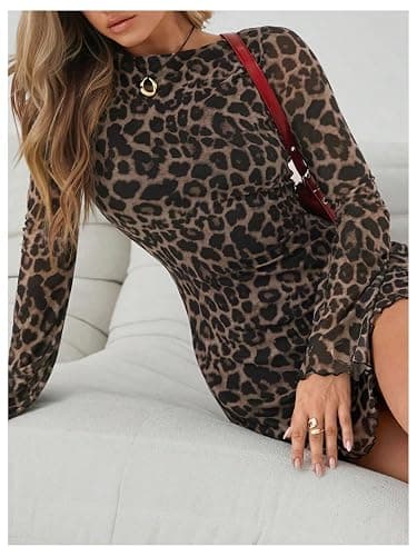 Milumia Women's Leopard Print Mini Dress Y2k Bell Long Sleeve Cheetah Short Dresses Going Out Fall 2025 thumbnail 3