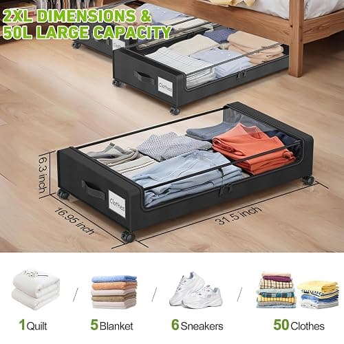Molutsody Under Bed Storage with Wheels, 2-Pack Underbed Storage Containers with Clear Lids, Under Bed Shoe Storage Organizer, Rolling Under the Bed Storage Bins for Clothes Shoes Blankets (Black) thumbnail 2