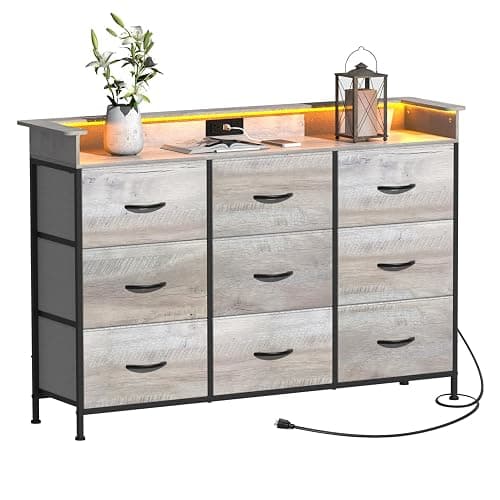 EXOTICA Dresser with Charge Station 9 Drawers Dresser for Bedroom with LED Lights Tall Wide Fabric Dressers & Chests of Drawers for Closet Hallway Entryway Sturdy Steel Frame Wood Top thumbnail 8