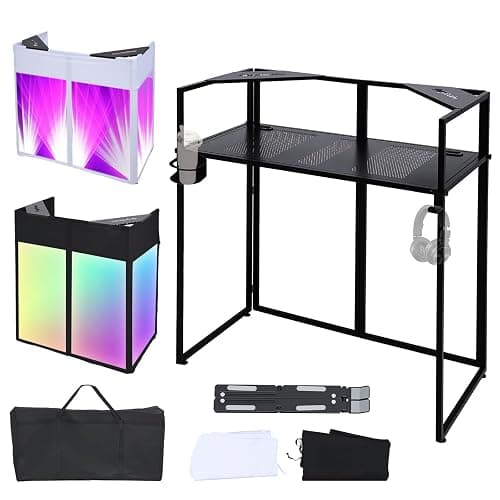 ANGELBECKE Portable DJ Booth Facade. DJ Table. Heavy-Duty DJ Table Stand Portable Booth, Iron Plate Surface DJ Facade Booth, with Carry Bag & Hook & Cup Holder (41.3"L x 20.4"W x 43.3"H) - Image 1