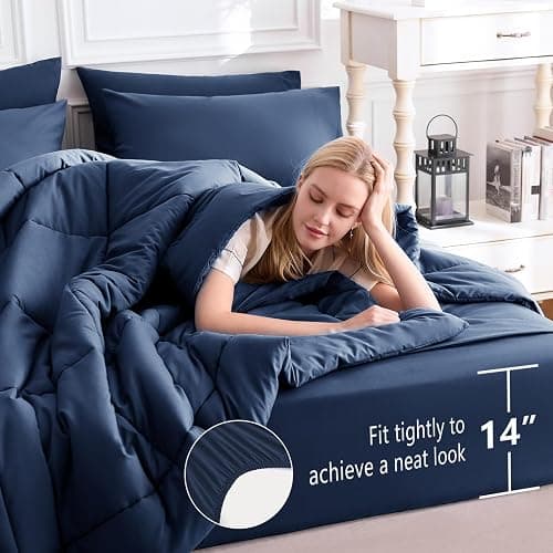 CozyLux Full Size Comforter Sets Navy Blue, 7 Pieces Bed in a Bag, Navy Comforter Full Size, All Season Bedding Sets with Stitch Quilted Comforter, Flat Sheet, Fitted Sheet, Pillowcases thumbnail 5