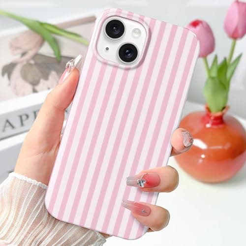 Hython for iPhone 15 Case Cute Striped Aesthetic Design Simple Stripes Cover 6.1", Thin Slim Soft TPU Bumper Shockproof Rubber Protective Phone Cases for Women Girls Girly Boys, Pink and White thumbnail 2