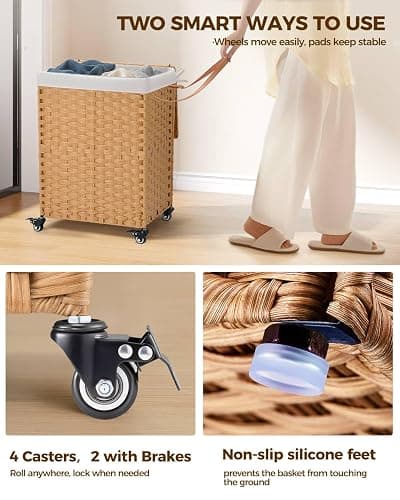 Greenstell Laundry Hamper with Wheels, No Install Needed, 110L Divided Handwoven Hampers & 2 Removable Liner Bags, Synthetic Rattan Clothes Laundry Basket with Lid & Handles, Foldable Hampers Natural thumbnail 4