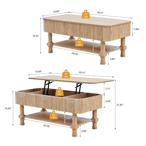 39” Large Lift Top Coffee Table with Hidden Storage Compartment, Fluted Coffee Tables Fully Assembled Wooden Center Table, Mid Century Modern Lift Tabletop Dining Tables for Living Room Office,Natural thumbnail 2