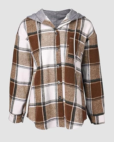 CHICME Womens Lightweight Casual Jacket Plaid Long Sleeve Shacket Fleece Lined Hooded Jackets Warm Coat thumbnail 4