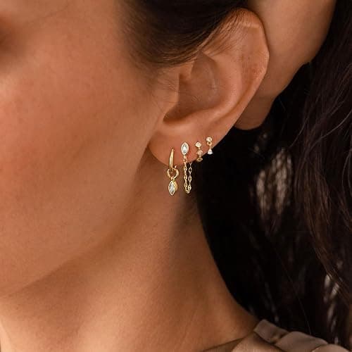 Voduim Gold Earrings for Women, Dainty Earring Stacks 14K Gold Plated Chain Earrings Cute Hypoallergenic Huggie Earrings for Women Trendy Unique Drop Hoop Earrings Stack Fashion Gold Jewelry Set thumbnail 3
