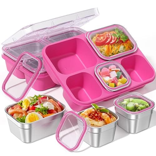 BiuLeon Snackle Box Containers, Stainless Steel 5 Compartments Divided Serving Tray with Lid, Removable LeakProof Portable Bento Box for Fruit Candy Nuts Food - School, Picnic and Travel(Pink) - Image 1