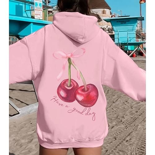 Tuislay Womens Cute Cherry Graphic Hoodie Ribbon Bow Printed Sweatshirt Drop Shoulder Aesthetic Pullover Hoodies With Pocket thumbnail 5