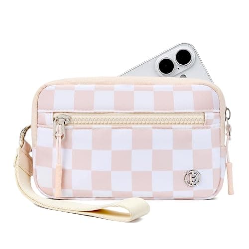 BOSTANTEN Wristlet Wallets for Women RFID Checkered Wallet with ID Window Nylon Wristlet Purse with 3 Zippers Dusty Pink - Image 1