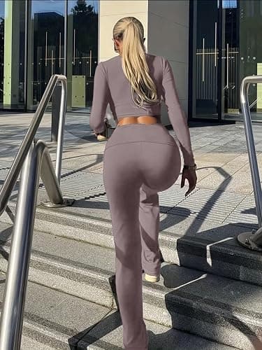 AYWA Women's 2 Piece Outfits Foldover Flare Pants Long Sleeve Crew Neck T-shirt Fitted Pajama Sets thumbnail 4