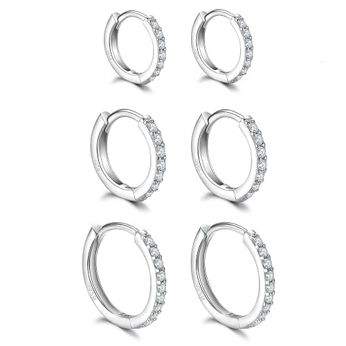 925 Sterling Silver Post Small Hoop Earrings Cubic Zirconia Huggie Hoop Earrings,3 Pairs Cartilage Piercing Earrings Ear Cuff Tiny Hoop Earrings for Women Girls Men 8mm 10mm 12mm thumbnail 7