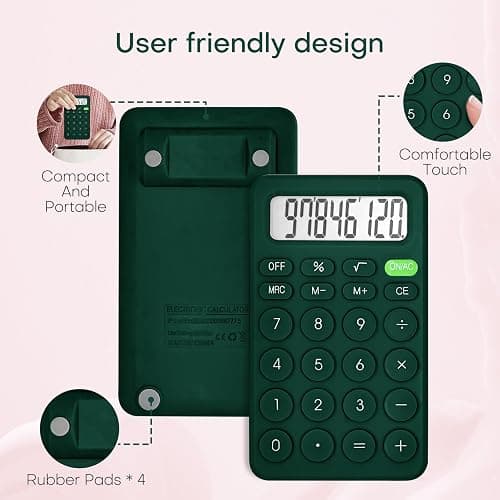 Cute Calculator, Basic Four Function for Teachers Students Basics Office, Small Handheld Calculators, 8 Digit with LCD Display, Sensitive Button, 5.5×3.2 inches Deep Green thumbnail 4