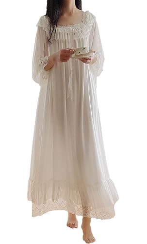Airvid Women's Lace Vintage Victorian Nightgown Long Sleeve Sleepwear Nightdress - Image 1
