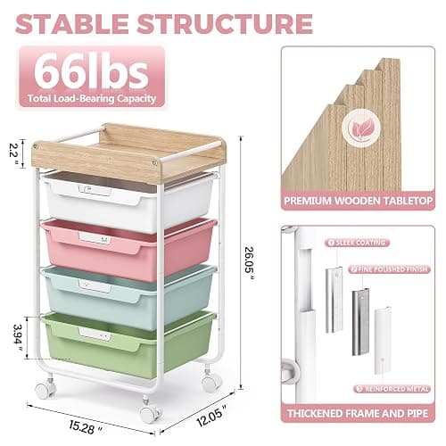SYKIARIOL Rolling Storage Utility Cart with 4 Drawers,Kids Craft Art Cart,Makeup Organizer and Storage with Wooden Tabletop,Colorful thumbnail 3