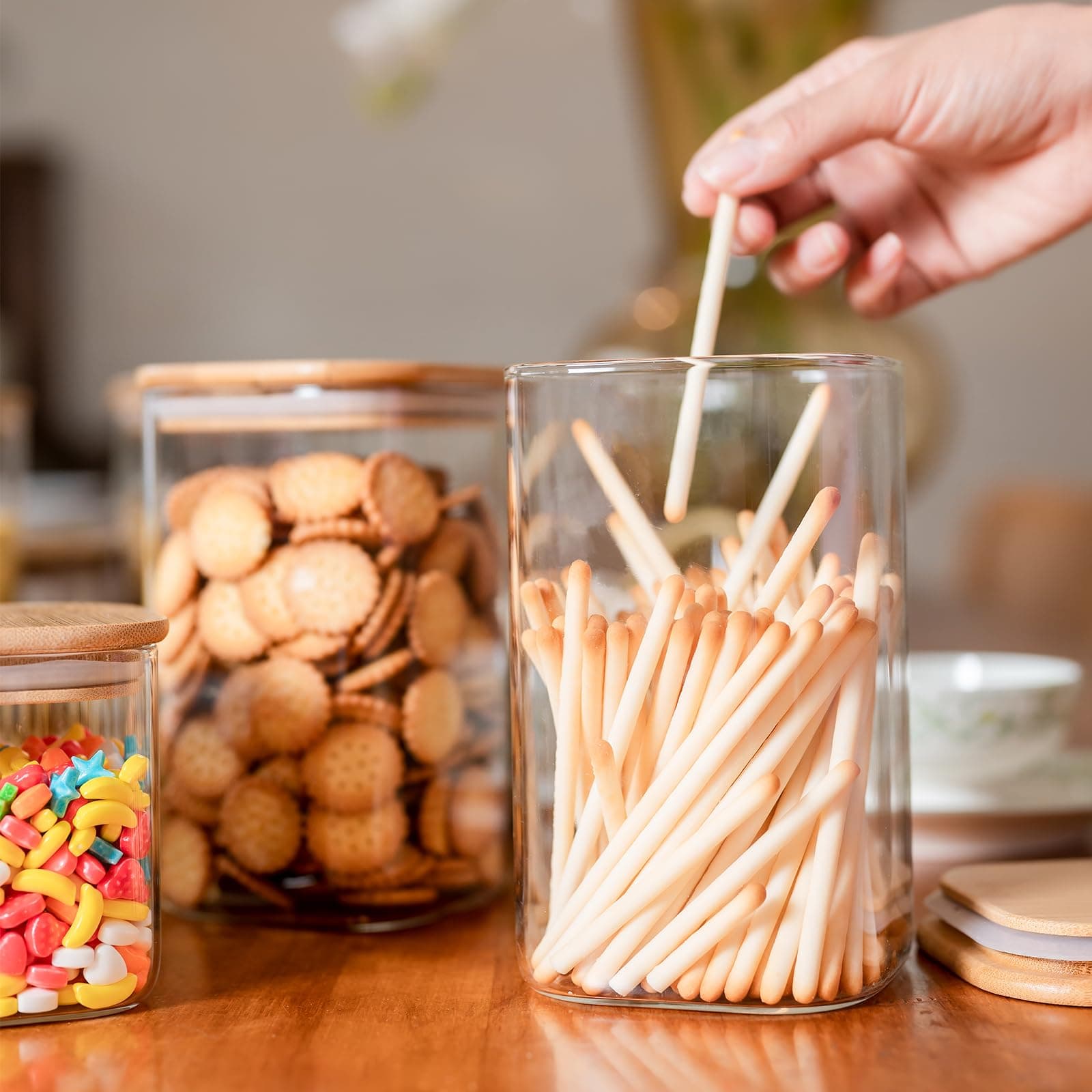 Liuruiyu Glass Food Storage Jars 37 oz Set of 6,Glass Storage Containers Clear Glass Food Canister with Bamboo Lid Airtight For Serving Tea,Coffee,Flour,Sugar,Candy,Cookie,Spice and More (Square) thumbnail 3