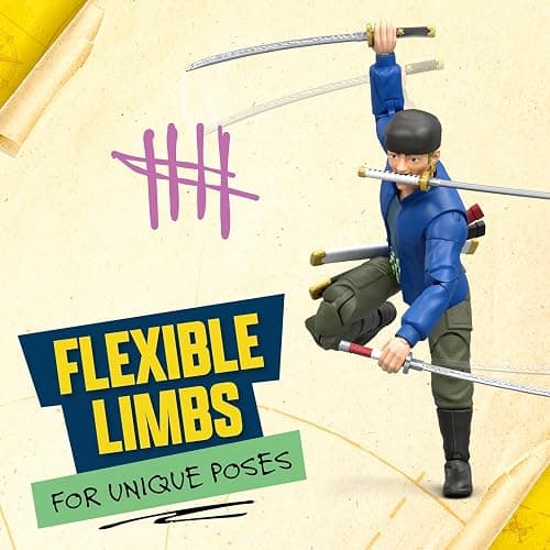 One Piece Zoro 6" (15.24cm) Action Figure with 5 Accessories. Includes Swappable Swords, Sword Holder, Swappable Face, and Berry Coin Display Base thumbnail 7