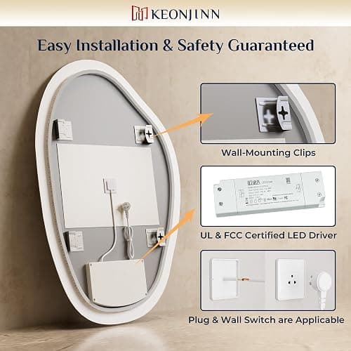 Keonjinn Irregular Backlit Mirror 24 x 30 Inch, Asymmetrical LED Bathroom Mirror with HD Tempered Glass, UL-Listed LED Driver, Stepless Dimmable with 3 Colors, Safe Defogging(Horizontal/Vertical) - 30"L x 24"W thumbnail 9