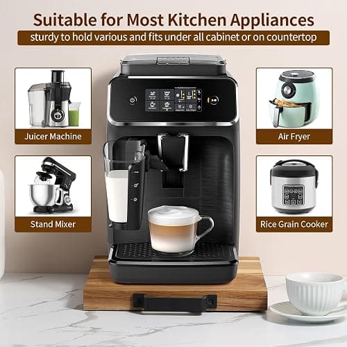 EVERBBKING Natural Acacia Sliding Tray for Coffee Machine Kitchen Appliance slider Moving Caddy, appliance slider,appliance rolling stand air fryer rolling tray thumbnail 5