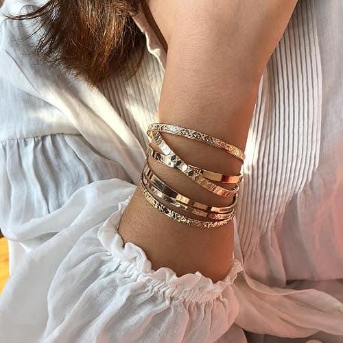 KISS WIFE Golden Bangles for Women, Adjustable Bangle Bracelets, Multi Layer Open Stackable Cuff Bracelet Set, Fashion Accessories Jewelry Gifts for Women thumbnail 3