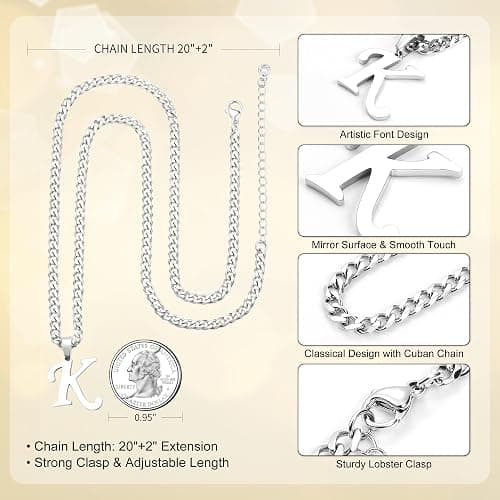 LUXEJEW Initial A-Z Letter Necklace for Men Boys Women, Stainless Steel Cuban Link Chain Letter Pendant Necklaces Capital Monogram Necklace Jewelry Gifts for Men 20+2 Inches thumbnail 7