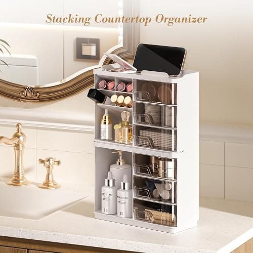 Delamu Makeup Organizer with Drawers, Multi-Function Vanity Organizer Countertop, Stackable Desk Organizer for Makeup Brush Lipstick Skincare Bathroom Vanity Organization and Storage, White - White thumbnail 7