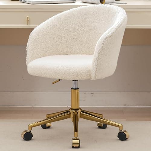 Nahenduo Cute Vanity Chair with Back, Teddy Velvet Desk Chair with Wheels and Gold Legs, Modern Makeup Chairs for Vanity Bedroom Office, Adjustable High 360 Swivel (Teddy White) - Image 1