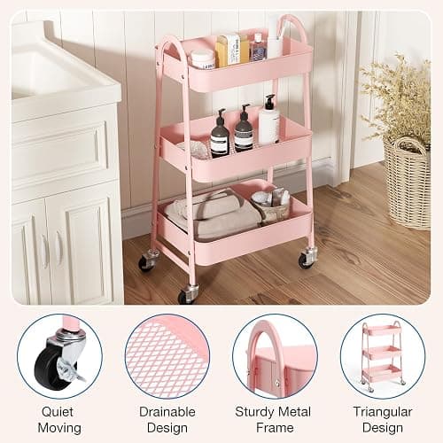 OLIXIS 3 Tier Utility Rolling Cart, Metal Mobile Storage Shelf with Lockable Caster Wheels, Organization for Livingroom, Bathroom & Narrow Places, Pink thumbnail 4