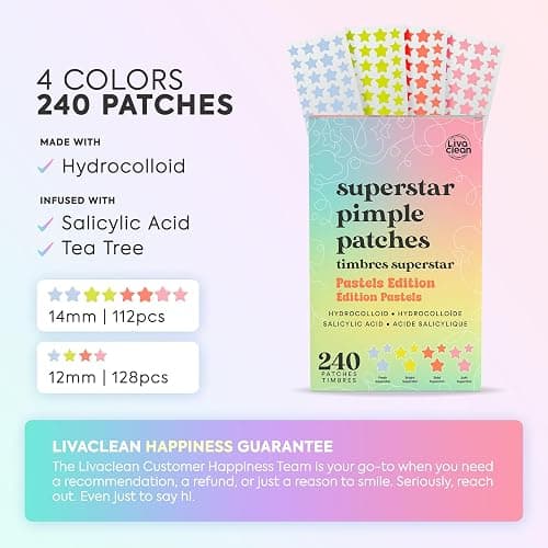 LivaClean 240 CT Cute Pimple Patches for Face w/Salicylic Acid & Tea Tree, Hydrocolloid Acne Patches Cute Star Pimple Patch for Healing, Adorable Face Stickers, Zit Patch thumbnail 2