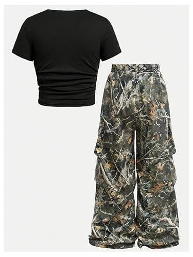 RoseSeek Girl's 2 Piece Summer Outfits Short Sleeve Ruched Basic Tess and Camo Cargo Pants Sets Trendy thumbnail 5