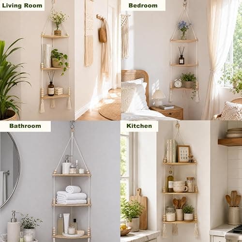 Artilady Macrame Corner Shelf Wall Hanging 3-Tier, Adjustable Boho Wood Plant Shelves Display for Indoor Candle Holder, Bedroom Living Room Home Decor (Beige 3-Tier) thumbnail 2