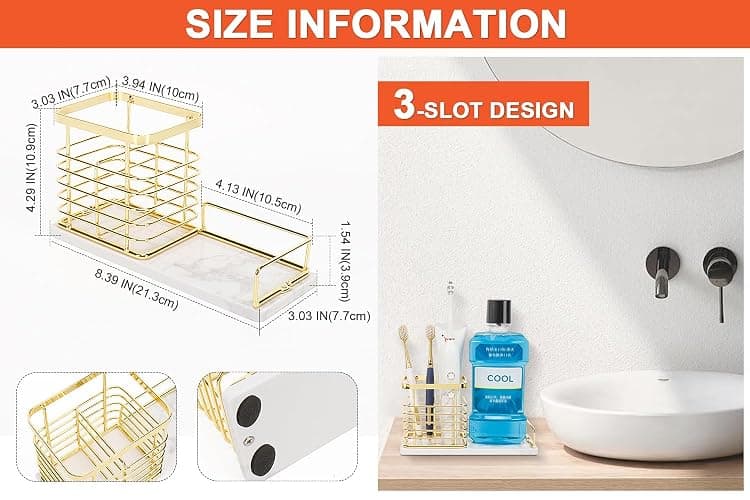 HarJue Toothbrush Holder, Luxurious Metal Toothbrush Toothpaste Holder with Marble Base for Bathroom, Multi-Slots Openwork Design, Bathroom Accessory for Storage and Organizer (Large, Gold) thumbnail 3