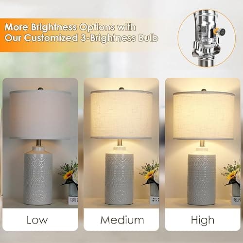 JUNNAI 24.5" White Ceramic Table Lamp 3-Way Dimmable Nightstand with White Linen Shade Bedside Lamp for Bedrooms & Living Room Office Reading(Bulb Included) thumbnail 3
