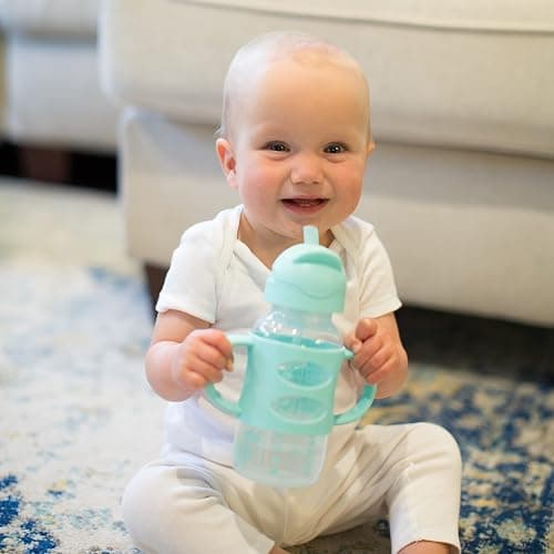 Dr. Brown's Milestones Wide-Neck Sippy Straw Bottle with 100% Silicone Handles and Weighted Straw, 9 oz/270 mL, Gray & Green, 6m+ - Gray & Green - 2 Count (Pack of 1) thumbnail 5