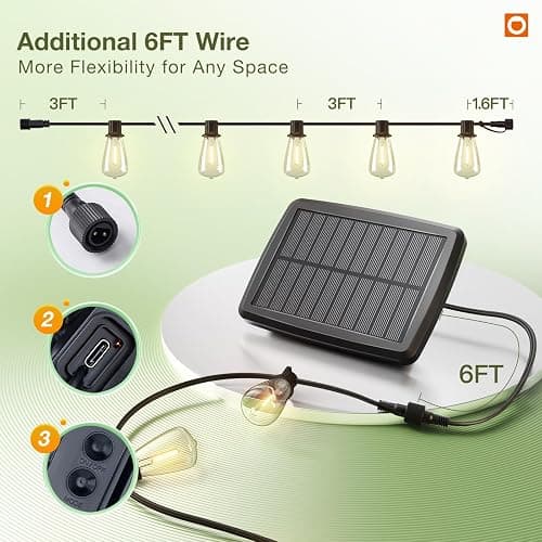 addlon 54(48+6) FT Solar String Lights Waterproof,Patio Lights Solar Powered with Remote & USB Port 15+1 LED Shatterproof Bulbs 3 Light Modes, Dimmable Solar Light for Camping Backyard Garden thumbnail 7