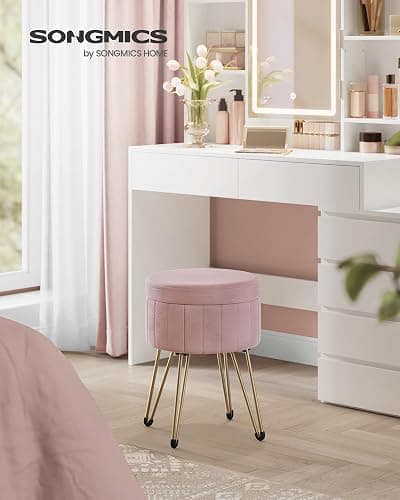 SONGMICS Vanity Stool Chair, Small Ottoman Stool with Storage, Velvet Makeup Stool, 15.4 Dia. x 17.5 H Inches, Jelly Pink ULOM003R01 thumbnail 2