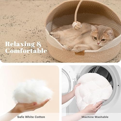 CHEERPALS Cat Basket Bed with Washable Cushion and Ball Rope Cotton, Covered Pet Bed for Indoor Cats Cave Bed Hooded, Stimulicat Cat Bed Handwoven Breathable, All Season Universal(White) thumbnail 4