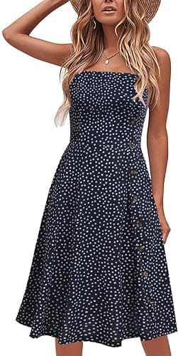 Women's Casual Summer Beach Flattering Flowy A-Line Spaghetti Straps Solid Cotton Button Down Midi Sundress - Image 1
